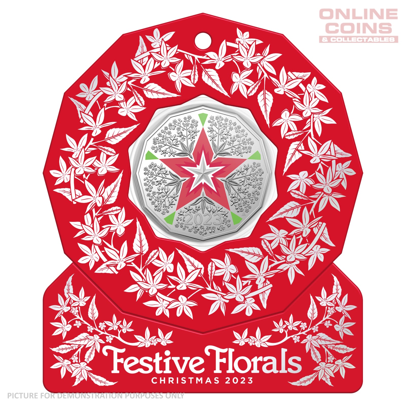 2023 50c CuNi Coloured Uncirculated Carded Coin - Christmas Decoration Festive Floral RED